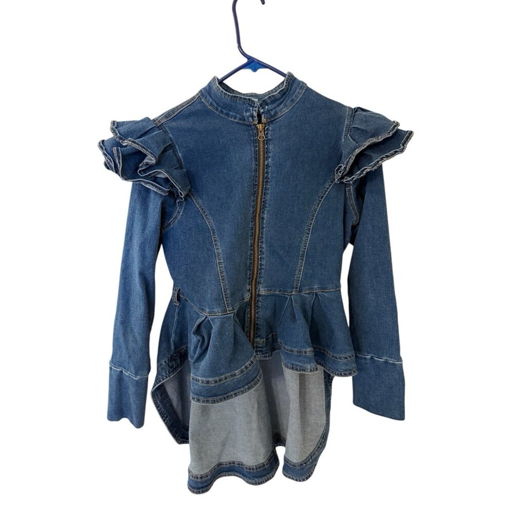Denimland Denim MED Blue LS Zip Up Top Western Cowgirl Ruffled Rockabilly Jacket